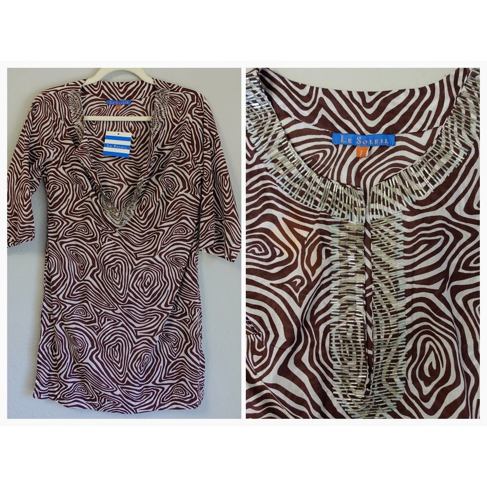 Le Soleil Tunic Womens Brown Kurta Abstract Beaded‎ Lightweight Summer Cotton S